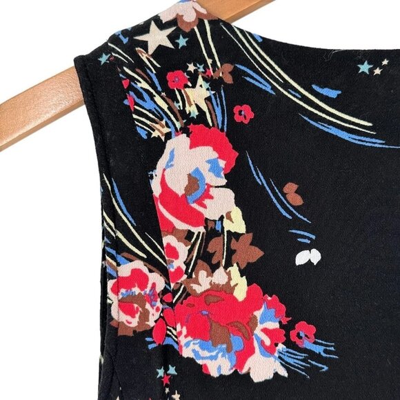 Free People BACK TO BASICS Black Floral & Stars Wrap Tunic Top Size XS Blouse - Picture 5 of 5